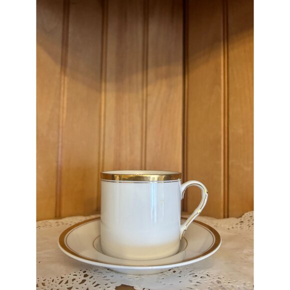 Vintage Fitz & Floyd Palais Demitasse Cup and Saucer Gold Stripe White Porcelain - Picture 1 of 8